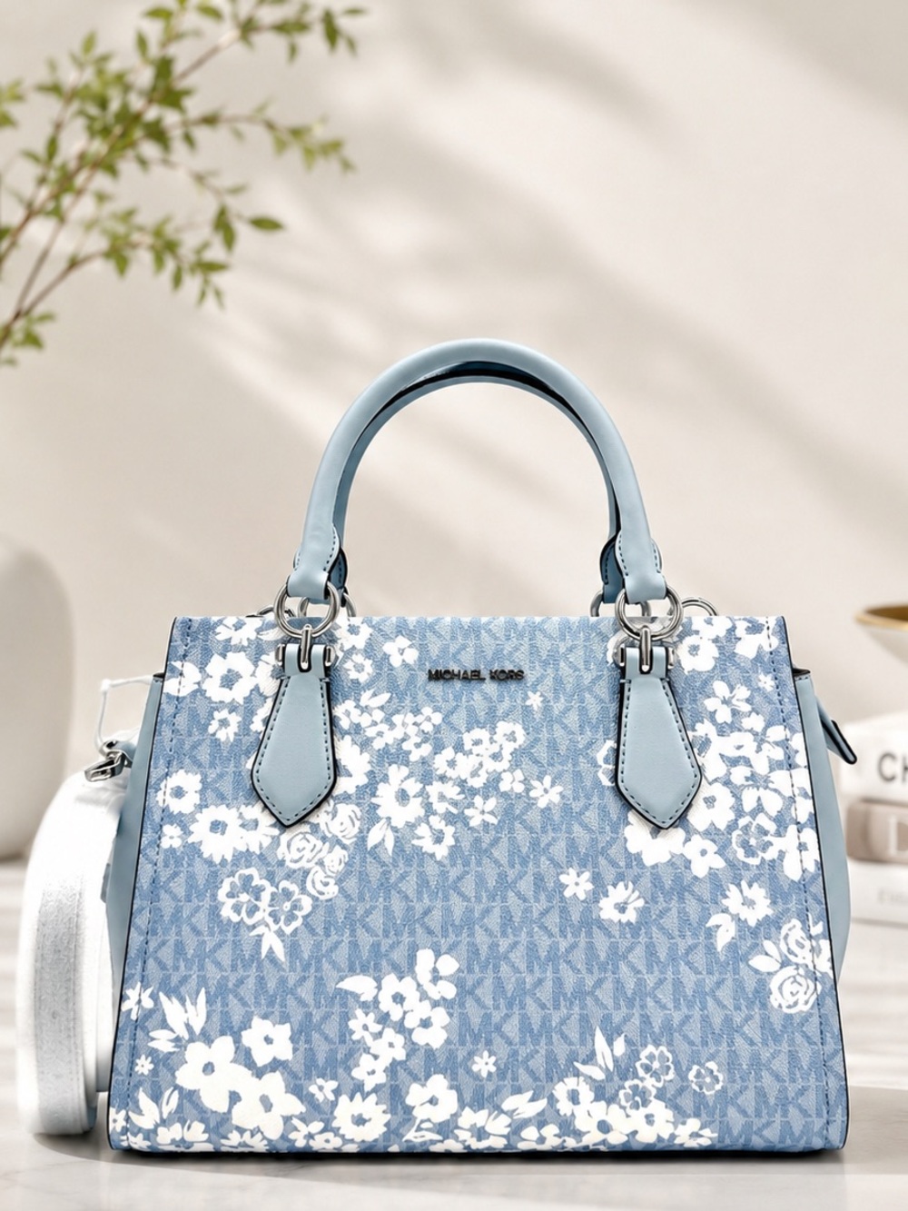 Michael Kors Marilyn Medium Printed Signature Logo Satchel Bag - Pale Ocean